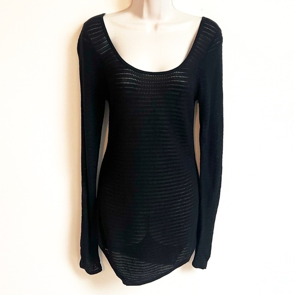 Express Tunic Sweater Open Knit Scoop Neck Asymmetrical Hem Pullover Black Small - Picture 7 of 7